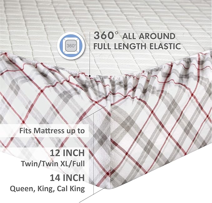 Comfort Spaces Cotton Flannel Breathable Warm Deep Pocket Sheets with Pillow Case Bedding, Queen, Grey/Red Plaid 4 Piece - LeafyLoom