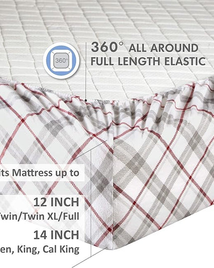 Comfort Spaces Cotton Flannel Breathable Warm Deep Pocket Sheets with Pillow Case Bedding, Full, Grey/Red Plaid 4 Piece - LeafyLoom