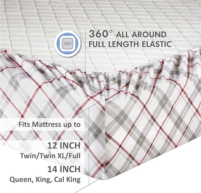 Comfort Spaces Cotton Flannel Breathable Warm Deep Pocket Sheets with Pillow Case Bedding, Full, Grey/Red Plaid 4 Piece - LeafyLoom