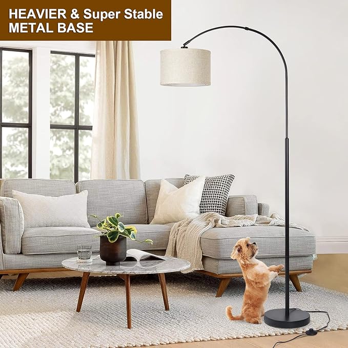 Arc Floor Lamps for Living Room, Modern Standing Lamp with Adjustable Hanging Drum Shade, Tall Pole Lamp with Foot Switch, Over Couch Arched Reading Light for Bedroom, Office (Black) - LeafyLoom