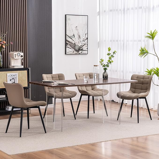 YOUTASTE Khaki Dining Chairs Set of 2 PU Leather Upholstered Modern Armless Dining Room Chair with Back Metal Legs Kitchen Dinner Accent Guest Chairs for Vanity Reception Waiting Room - LeafyLoom