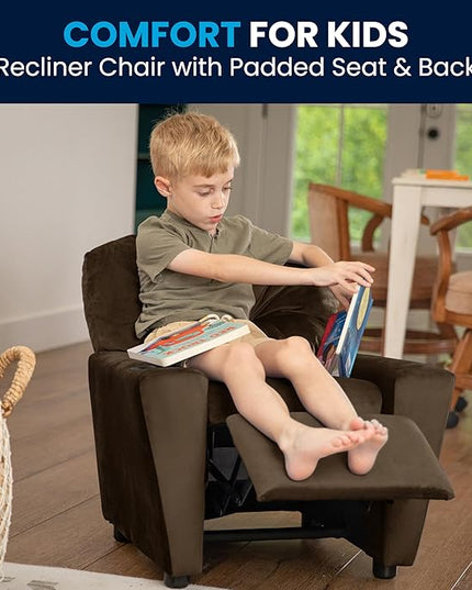 Flash Furniture Chandler Microfiber Kids Recliner with Cup Holder and Safety Recline, Contemporary Reclining Chair for Kids, Supports up to 90 lbs., Brown - LeafyLoom