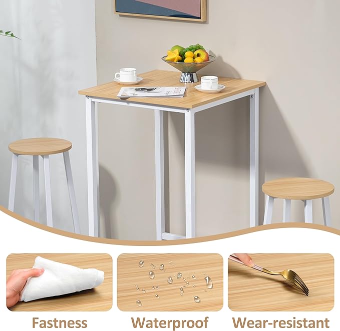 Finnhomy Bar Table Set, 23.6" Pub Table High Top Table, Square Bar Height Table, Bar Table with Stools, Kitchen Table Set for 2, Industrial Breakfast for Kitchen, Living Room, Oak Beige and White - LeafyLoom