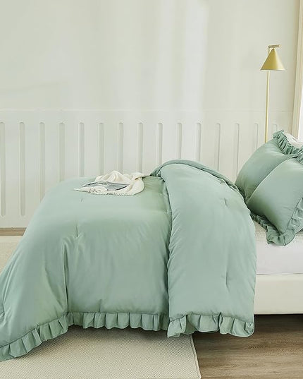 Andency Sage Green California King Comforter Set, 3 Pieces Farmhouse Shabby Chic Cal King Size Ruffle Bed Set, Oversized Soft Lightweight Microfiber Bedding Set - LeafyLoom
