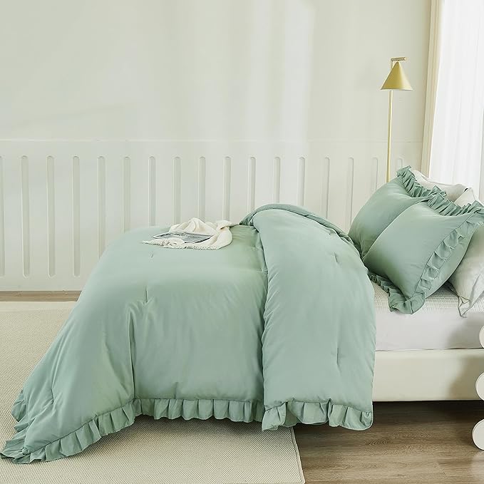 Andency Queen Size Comforter Set, Sage Green Ruffle Bedding Set, 3 Pieces Boho Comforter for Queen Bed, Farmhouse Ruffle Bed Comforter Set, Lightweight and Soft Bedding Comforter for All Seasons - LeafyLoom