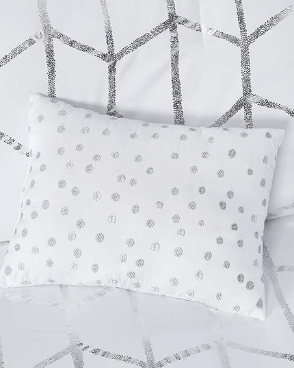 Intelligent Design Raina King / Cal King Comforter Set, Soft Microfiber Comforter Set King, Modern Geometric Metallic Bed Set, 5 Pieces College Bedding Comforter Set with 2 Shams, 2 Toss Pillows White - LeafyLoom