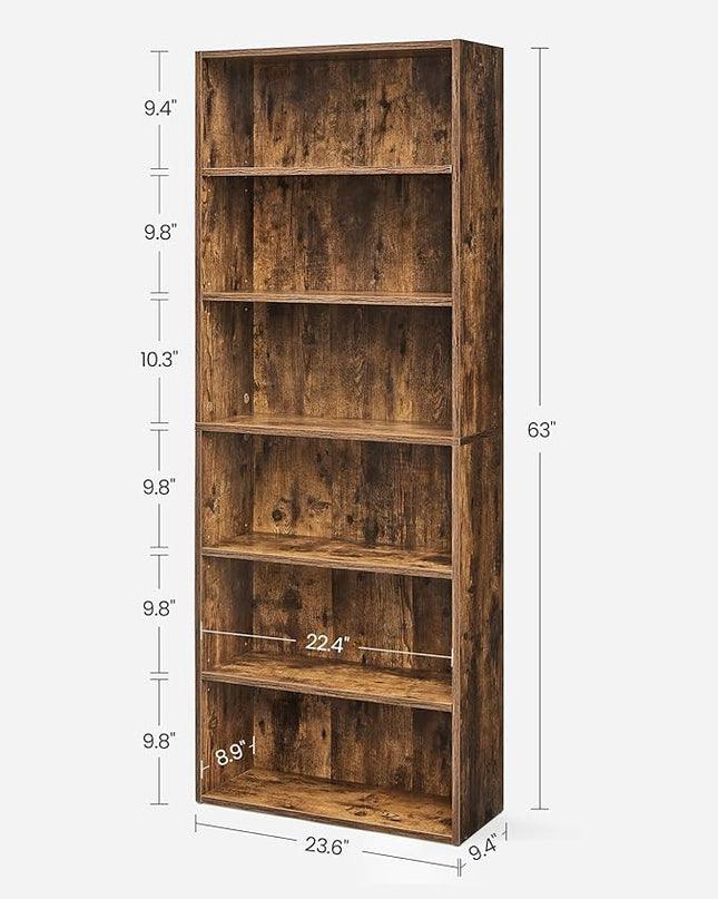 VASAGLE Bookshelf, 23.6 Inches Wide, 6-Tier Open Bookcase with Adjustable Storage Shelves, Floor Standing Unit, Rustic Brown ULBC166X01 - LeafyLoom