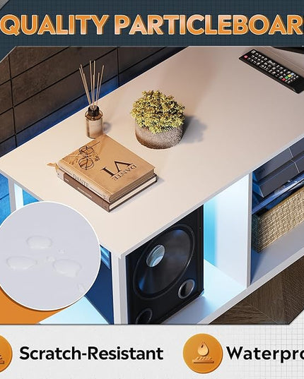 WLIVE TV Stand up to 65 Inch TV, 55" Entertainment Center with LED, Industrial TV Console with Glass Shelf for Living Room and Bedroom, White - LeafyLoom