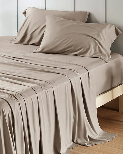Bedsure California King Sheet Sets, Cooling Sheets, Rayon Derived from Bamboo, Deep Pocket Up to 16", Breathable & Soft Bed Sheets, Hotel Luxury Silky Bedding Sheets & Pillowcases, Simply Taupe - LeafyLoom