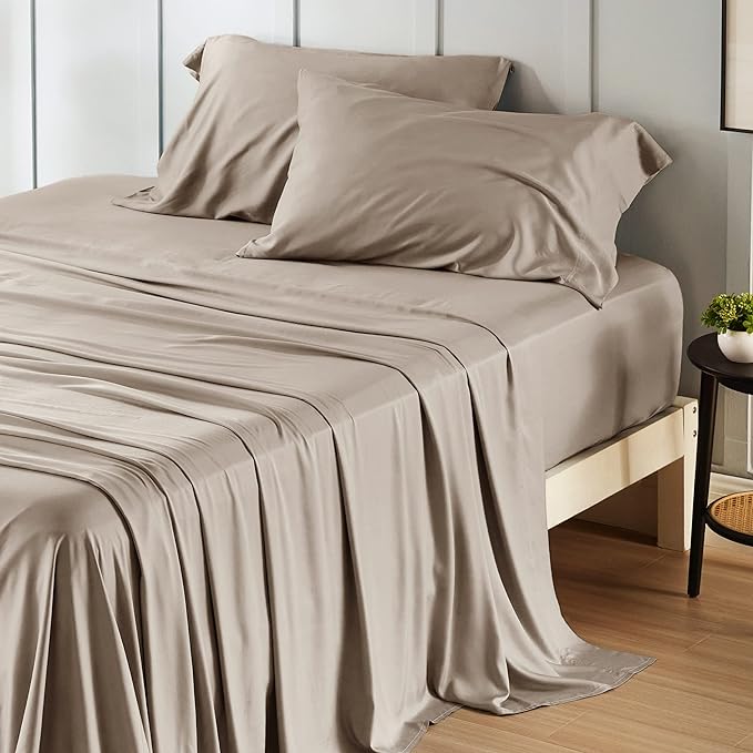 Bedsure Queen Sheets, Rayon Derived from Bamboo, Queen Cooling Sheet Set, Deep Pocket Up to 16", Breathable & Soft Bed Sheets, Hotel Luxury Silky Bedding Sheets & Pillowcases, Simply Taupe - LeafyLoom