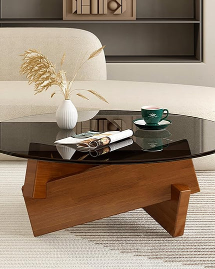 Coffee Table, Round Coffee Table for Living Room Modern Glass Coffee Table with Solid Wood Legs Farmhouse Mid Century Center Table Large Circle Cocktail Table (Walnut + Gray, 35.4in) - LeafyLoom