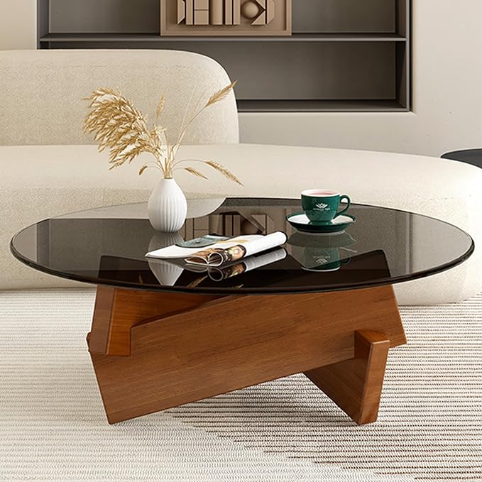 Coffee Table, Round Coffee Table for Living Room Modern Glass Coffee Table with Solid Wood Legs Farmhouse Mid Century Center Table Large Circle Cocktail Table (Walnut + Gray, 35.4in) - LeafyLoom
