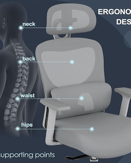 GABRYLLY Office Chair, Ergonomic Desk Chair with Adjustable Lumbar Support, 3D Armrest, Headrest, 4-Level Tilt Back, Home Mesh Chair with Wide Cushion Seat & PU Wheels for Adult Student - LeafyLoom