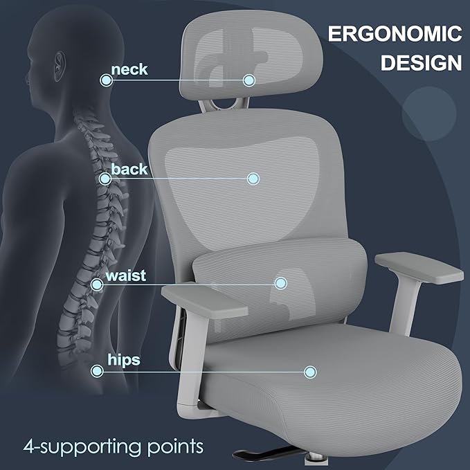 GABRYLLY Office Chair, Ergonomic Desk Chair with Adjustable Lumbar Support, 3D Armrest, Headrest, 4-Level Tilt Back, Home Mesh Chair with Wide Cushion Seat & PU Wheels for Adult Student - LeafyLoom