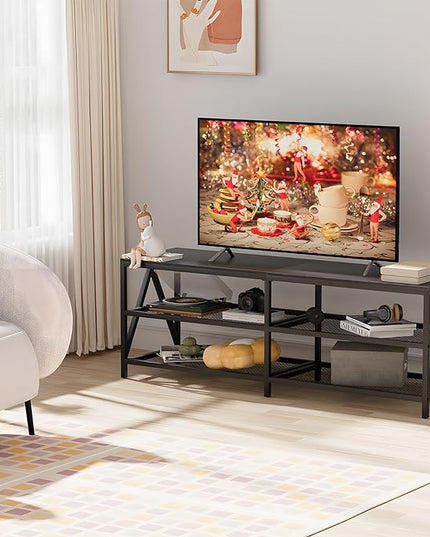 TV Stand for TV up to 65 Inch, Long 55" TV Cabinet with 3-Tier Storage Shelves,Entertainment Center TV Console Table for Living Room with Industrial TV Metal Frame, Black Oak - LeafyLoom