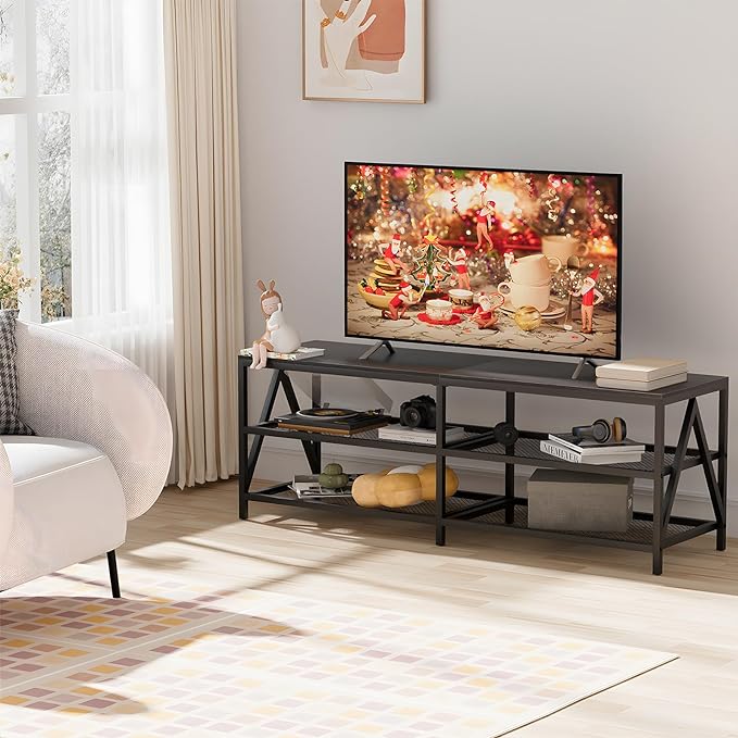 TV Stand for TV up to 65 Inch, Long 55" TV Cabinet with 3-Tier Storage Shelves,Entertainment Center TV Console Table for Living Room with Industrial TV Metal Frame, Black Oak - LeafyLoom