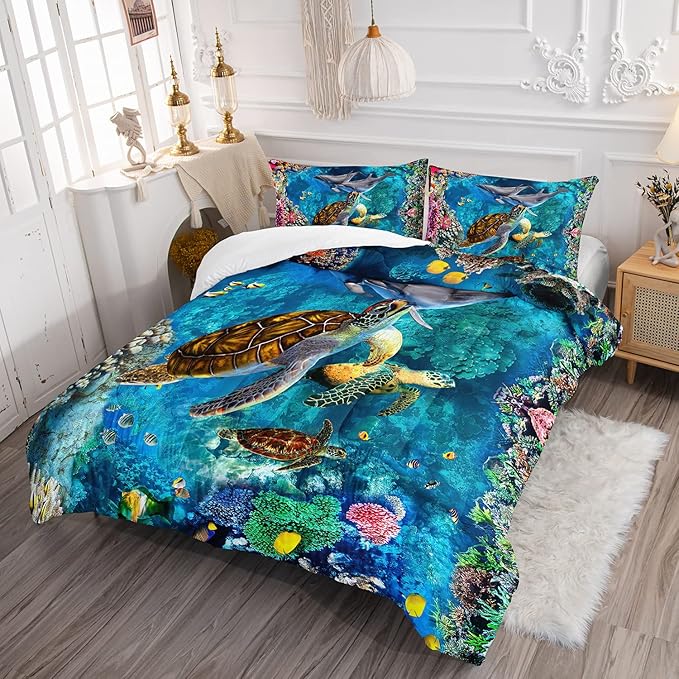 CVHOUSE Sea Turtle Comforter Set,Ocean Sea Turtle Bedding Set for Kids Teens,Ocean Sea Turtle Comforter Sea Turtle Duvet Set Room Decor Quilt Set Twin Size - LeafyLoom