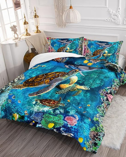 CVHOUSE Sea Turtle Comforter Set,Ocean Sea Turtle Bedding Set for Kids Teens,Ocean Sea Turtle Comforter Sea Turtle Duvet Set Room Decor Quilt Set Queen Size - LeafyLoom