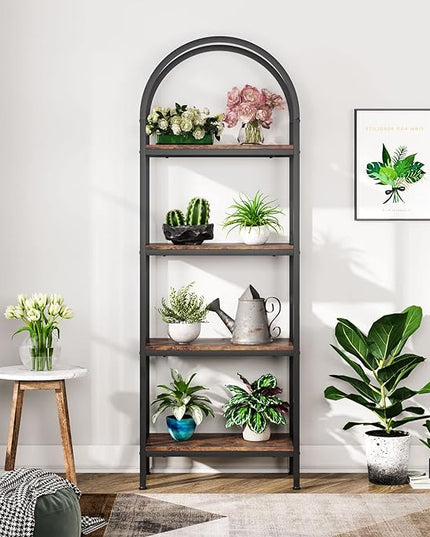 Tribesigns 4-Tier Open Bookshelf, 70.8" Industrial Arched Bookcase Storage Shelves with Metal Frame, Freestanding Display Rack Tall Shelving Unit for Office, Bedroom (Rustic Brown, 1PC) - LeafyLoom