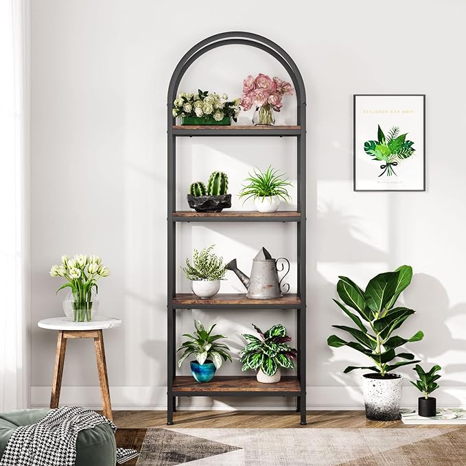 Tribesigns 4-Tier Open Bookshelf, 70.8" Industrial Arched Bookcase Storage Shelves with Metal Frame, Freestanding Display Rack Tall Shelving Unit for Office, Bedroom (Rustic Brown, 1PC) - LeafyLoom