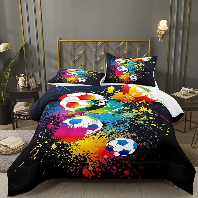 Bodhi Boys Teen Comforter Set King,Soccer Comforter Set King,Boys Sports Comforter Set King,Rainbow Graffiti Football Bedding Set for Boys,Kids,Teens with Matching Pillowcases - LeafyLoom