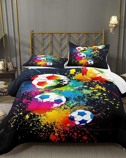 Bodhi Boys Teen Comforter Set Queen,Soccer Comforter Set Queen,Boys Sports Comforter Set Queen,Rainbow Graffiti Football Bedding Set for Boys,Kids,Teens with Matching Pillowcases - LeafyLoom