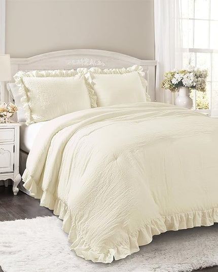 Lush Decor Reyna Ruffle Comforter Set - 3 Piece Cozy Ruffled Bedding Set - Timeless Elegance and Comfort for Bedroom - King, Ivory - LeafyLoom