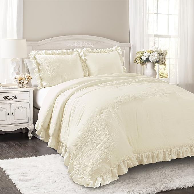 Lush Decor Reyna Ruffle Comforter Set - 3 Piece Cozy Ruffled Bedding Set - Timeless Elegance and Comfort for Bedroom - King, Ivory - LeafyLoom