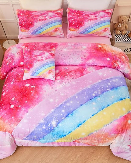 Rainbow Twin Size Comforter Set for Girls 6 Pieces Sparkle Tie Dye Pink Girls Bedding Comforter Sets Galaxy Kids Bed Comforter Sets Gradient Glitter Soft Bed in A Bag with Sheets - LeafyLoom