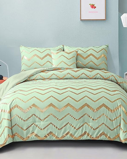 Sage Green/Gold Comforter Set Queen, Metallic Print Glitter Bedding Set Cute Shinny Bed Sets for Teen Girls Kids Women, 4 Piece (2 Pillowcases, 1 Decorative Pillow Sham) - LeafyLoom