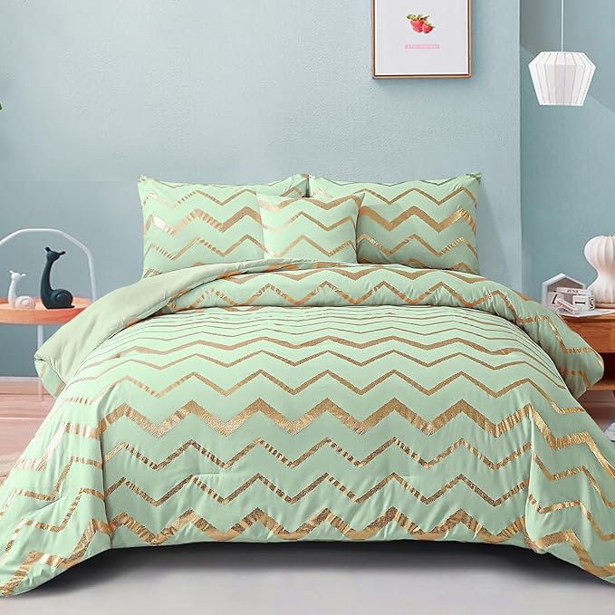 Sage Green/Gold Comforter Set Queen, Metallic Print Glitter Bedding Set Cute Shinny Bed Sets for Teen Girls Kids Women, 4 Piece (2 Pillowcases, 1 Decorative Pillow Sham) - LeafyLoom