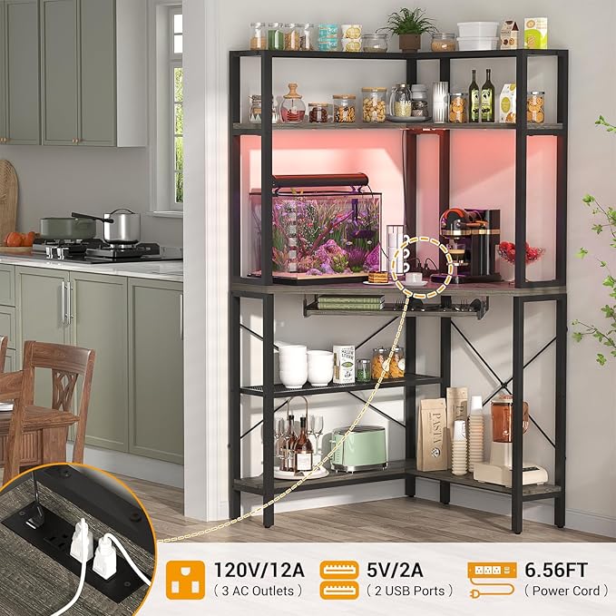 Cyclysio Small Corner Desk with Hutch, Corner Gaming Desk with LED Light & Power Outlets, Computer Desk with Keyboard Tray, Triangel Desk for Small Space, Home Office, Workstation, Grey - LeafyLoom