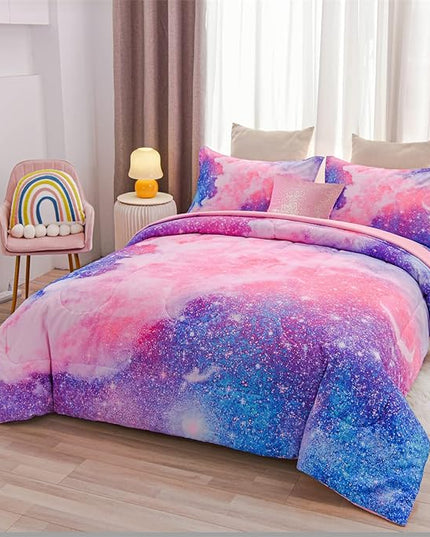 A Nice Night Galaxy Bedding Sets Outer Space Comforter 3D Printed Space Quilt Set Full 6Pcs Glitter Pink,for Children Boy Girl Teen Kids - LeafyLoom