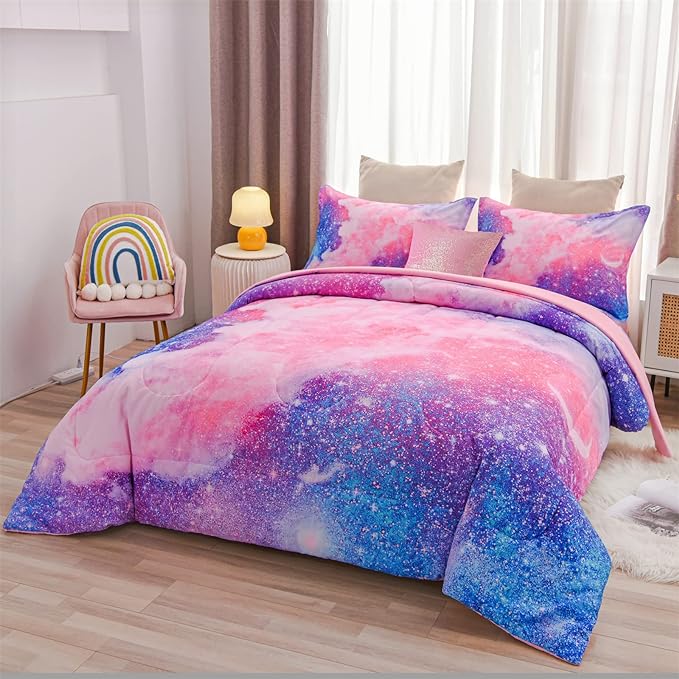 A Nice Night Galaxy Bedding Sets Outer Space Comforter 3D Printed Space Quilt Set Full 6Pcs Glitter Pink,for Children Boy Girl Teen Kids - LeafyLoom