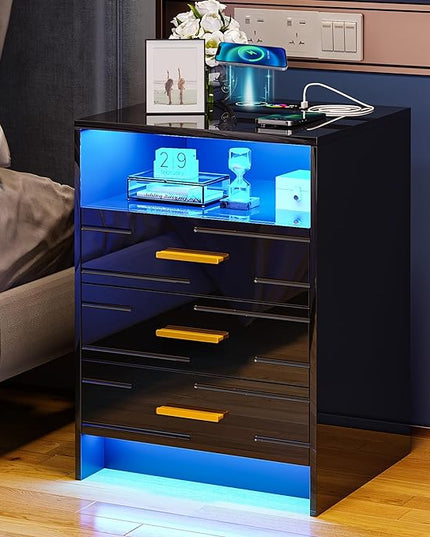 HNEBC Black Nightstand with Wireless Charging Station and Lights, 3 Drawers, Modern Bedside Table with Human Sensor for Bedroom - LeafyLoom
