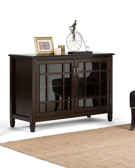SIMPLIHOME Connaught SOLID WOOD 46 Inch Wide Traditional Low Storage Cabinet in Dark Chestnut Brown, For the Living Room, Entryway and Family Room - LeafyLoom