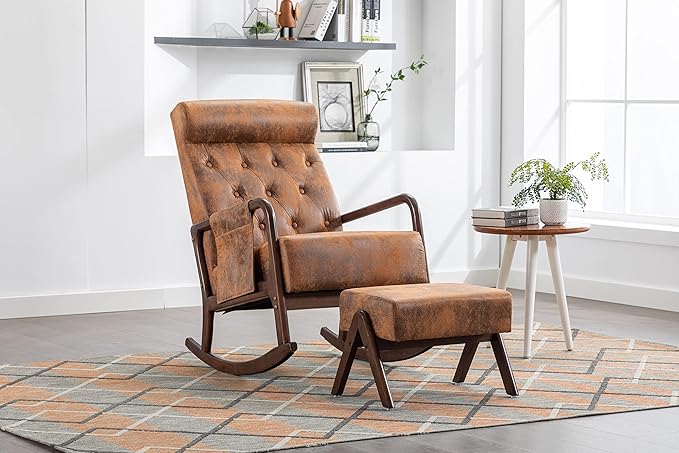 Armchair with Ottoman, Mid-Century Upholstered Accent Nursery, Glider Rocker Thick Cushion, Comfy Indoor Leisure Lounge Living Room, Bedroom, Office, Rocking Chair, Coffee - LeafyLoom
