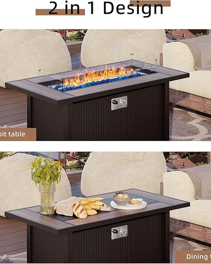 Shintenchi 6 Pieces Patio Furniture Sets w/Fire Pit Table, Outdoor Conversation Set w/50,000 BTU Steel Gas Fire Pit, Beige Patio Rattan Sectional Sofa Set w/Brown Top Fire Pit - LeafyLoom