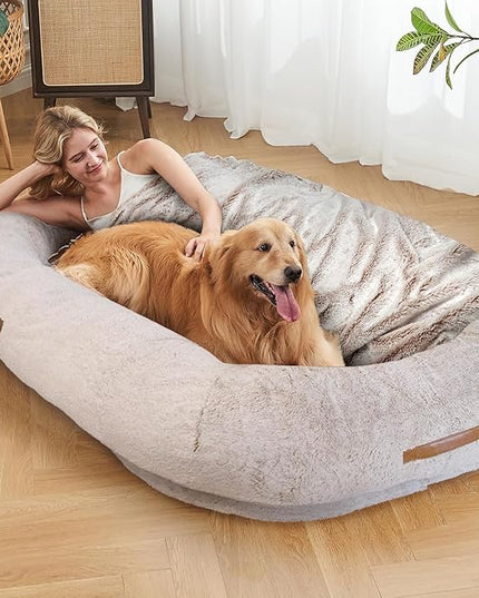 Human Dog Bed for Adult - Giant Dog Bed for Humans – Fluffy with Washable Cover, Nonslip, Waterproof Lining, Storage Pockets, Soft blanket – Ideal for Adults and Kids, Sized to Fit Small to Large Pets LeafyLoom
