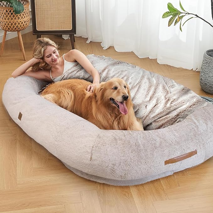Human Dog Bed for Adult - Giant Dog Bed for Humans – Fluffy with Washable Cover, Nonslip, Waterproof Lining, Storage Pockets, Soft blanket – Ideal for Adults and Kids, Sized to Fit Small to Large Pets LeafyLoom