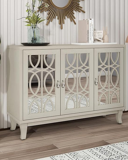 Multifunctional Sideboard with Glass, Vintage 3 Door Mirrored Buffet Cabinet,W/Silver Handle,Easy to Assemble,Console Table for Living Room Hallway Entryway,Champagne Gold, 47.2" - LeafyLoom