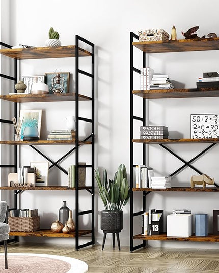 Shintenchi 2 Pieces 5 Tiers Bookshelf, Classically Tall Bookcase Shelf, Industrial Book Rack, Modern Book Holder in Bedroom/Living Room/Home/Office, Storage Rack Shelves for Books/Movies Brown - LeafyLoom