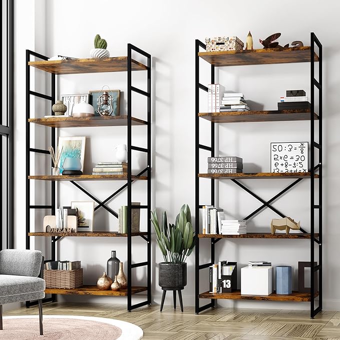 Shintenchi 2 Pieces 5 Tiers Bookshelf, Classically Tall Bookcase Shelf, Industrial Book Rack, Modern Book Holder in Bedroom/Living Room/Home/Office, Storage Rack Shelves for Books/Movies Brown - LeafyLoom