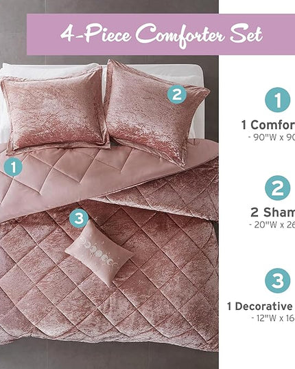 Intelligent Design Felicia Luxe Comforter Velvet Lush Double Sided Diamond Quilting, Modern All Season Bedding Set with Matching Sham, Decorative Pillow, Full/Queen(90"x90"), Blush 4 Piece - LeafyLoom