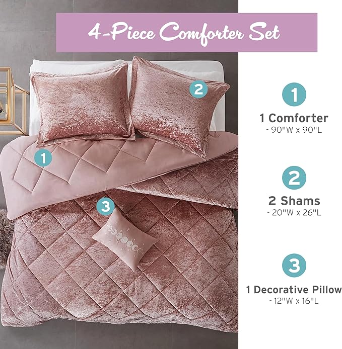Intelligent Design Felicia Luxe Comforter Velvet Lush Double Sided Diamond Quilting, Modern All Season Bedding Set with Matching Sham, Decorative Pillow, Full/Queen(90"x90"), Blush 4 Piece - LeafyLoom