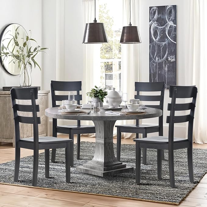 COLAMY Wooden Dining Chairs Set of 4, Ladder High Back Kitchen Side Chair, Farmhouse Armless Dining Room Chairs with Adjustable Foot Pegs, Black - LeafyLoom