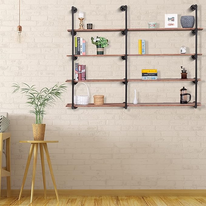 Pynsseu Industrial Wall Mounted Iron Pipe Shelf, Rustic DIY Open Bookshelf, Farmshouse Pipe Shelves for Kitchen Bathroom, 3 Pack - LeafyLoom