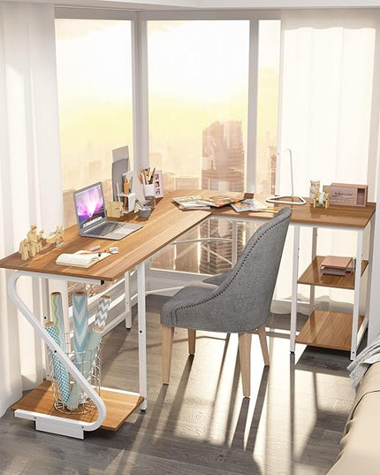 L Shaped Desk Reversible, Corner Computer L Desk with Storage Shelves, Modern Gaming Desk Workstation for Home Office, Walnut - LeafyLoom
