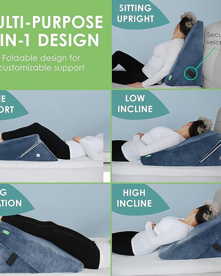 Cushy Form Wedge Pillow for Sleeping - 22 Inch Memory Foam Bed Wedge for Sleeping, Reading, Post Surgery & Leg Elevation - Triangle Pillow with Washable Cover - Blue - LeafyLoom