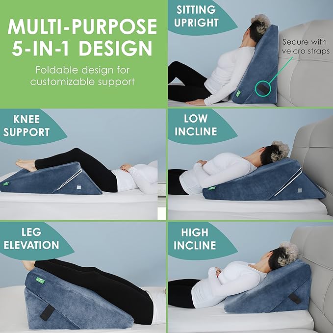 Cushy Form Wedge Pillow for Sleeping - 22 Inch Memory Foam Bed Wedge for Sleeping, Reading, Post Surgery & Leg Elevation - Triangle Pillow with Washable Cover - Blue - LeafyLoom